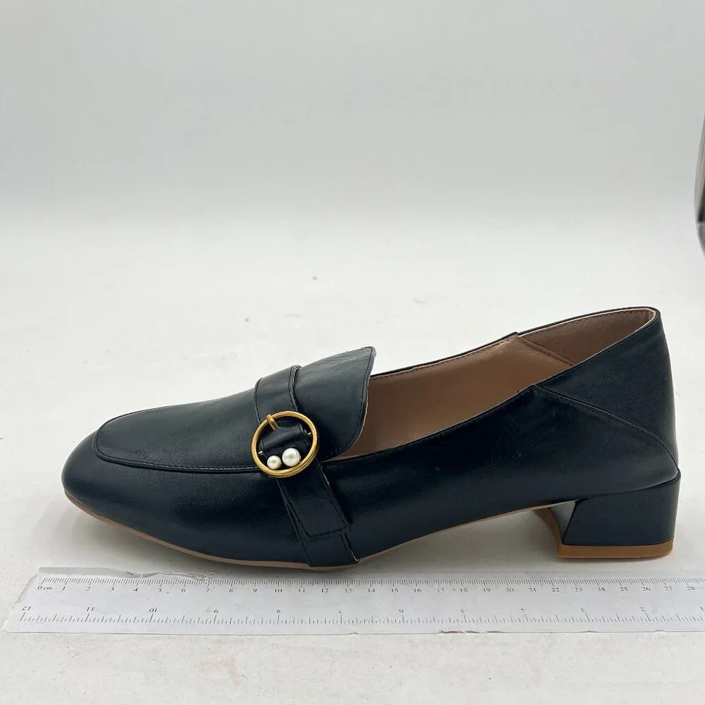 Black Square Toe Heeled Loafers Slip on Block Low Heel Pumps Buckle Wear Shoes
